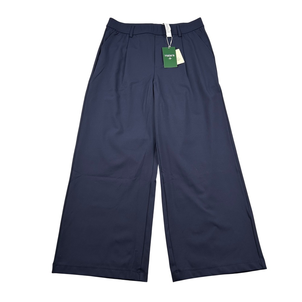 Halara Womens Large Petite Navy Blue Wide Leg High Waisted Pleated Trousers